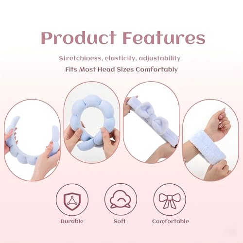 Headband for Washing Face and Wristband Set, Blue | Soft absorbent fabric, snug head-hugging fit for face washing, skincare, makeup, masks, travel, women and teen girls - color: Blue