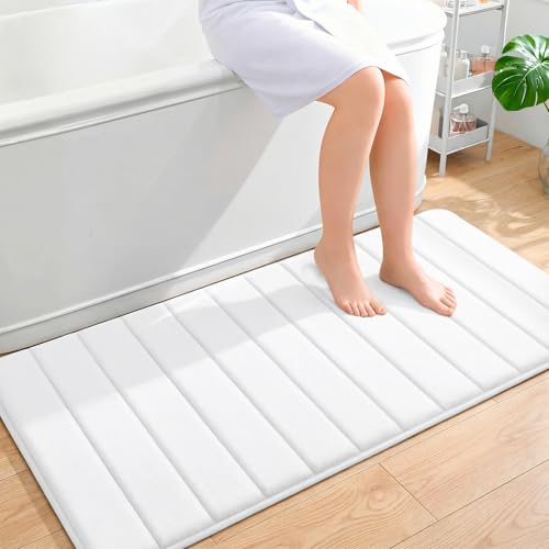 OLANLY Memory Foam Long Bathroom Rugs Runner 47x24, Super Soft Absorbent Bath Mat, Quick Dry, Machine Washable Shower Floor Rugs, Bathmat Carpet, Bathroom Home Decor Accessories, White - color: White, size: 47" X 24"