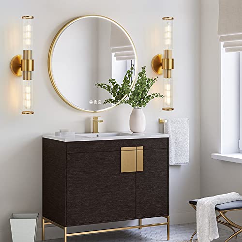 Hardwired Bathroom Light Fixtures, Gold Wall Sconce in Threaded Glass Indoor Wall Sconces, Modern Bathroom Vanity Light Up and Down Sconces Wall Lighting for Living Room, Bulb Not Included - color: Gold-B