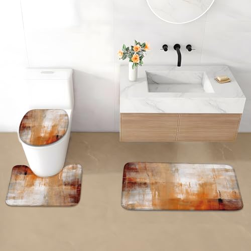 4Pcs Burnt Orange Abstract Shower Curtain Set, Rust Brown Bathroom Shower Curtain with Rugs and Accessories,with Non-Slip Rugs, Toilet Lid Cover and Bath Mat for Bathroom Set Decor - color: Orange Brown