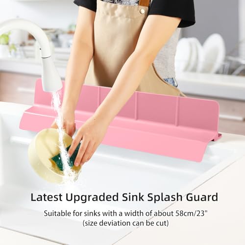23" Ultra Silicone Sink Splash Guard Released in 2026,Self-Draining Water Splash Guard for Kitchen Sink,Bathroom and Island,with 3.5" High Splash Guard & 7 Strong Suction Cup (Pink) - color: Pink