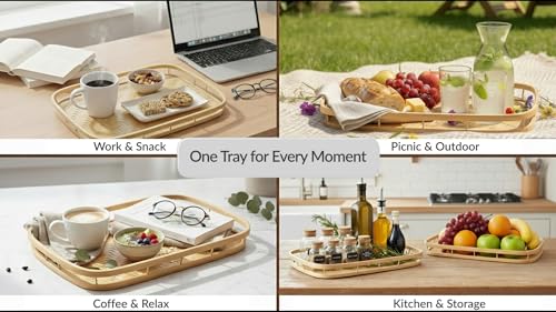 PEMAR Wicker Serving Trays w Handles,Rectangular Hand-Woven Lap Trays,Bamboo Bedroom Trays,Cabin Trays for Foods & Drinks. Decorative Trays for Coffee Tables,Breakfast,Dinners,Bed Eating. 2 Pack Set - size: Standard (16.93"L x 13"W)