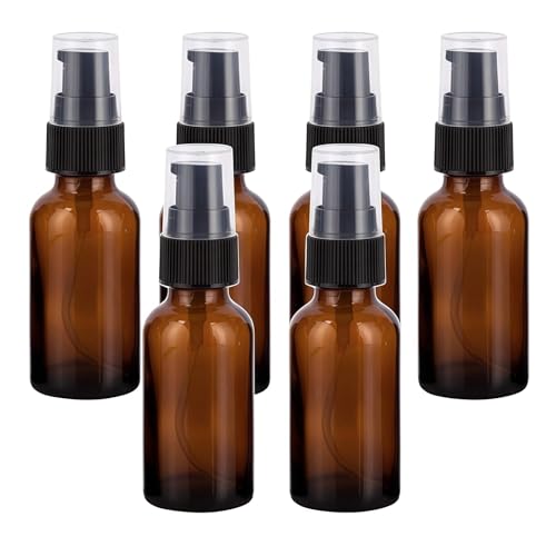 6PCS 30ml/1oz Amber Glass Lotion Pump Bottles Empty Refillable Cosmetic Makeup Travel Size Pump Dispenser Container Jars for Lotion Cream Essential Oils Toiletries