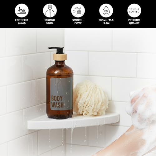 SAVVY & SORTED Amber Glass Soap Dispenser with Pump, Body Wash Soap Dispenser, Refillable Hand Soap Bottle for Bathroom, Matching Body Lotion Bottle Available, 17 Fl Oz / 500 ml - color: Amber - Body Wash 500 Ml
