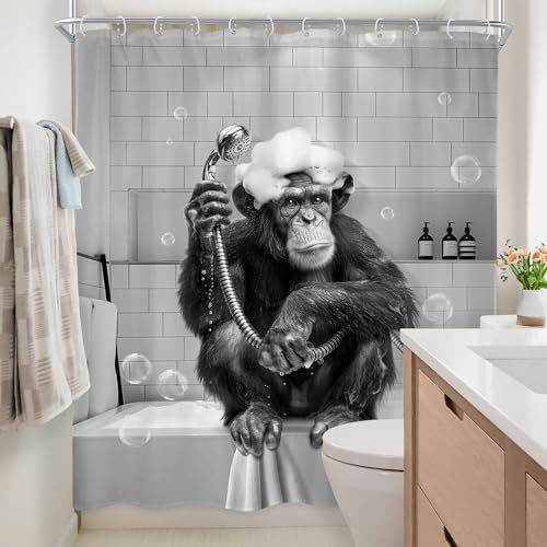 Newsely Funny Monkey Shower Curtain 60Wx72L Inch Black White Animal Chimpanzee Washing Hair in Bathtub Bubble Hilarious Bathroom Set Modern Waterproof Bath Decoration Accessories Home Decor - color: O-monkey, size: 60"W x 72"L (Pack of 1)