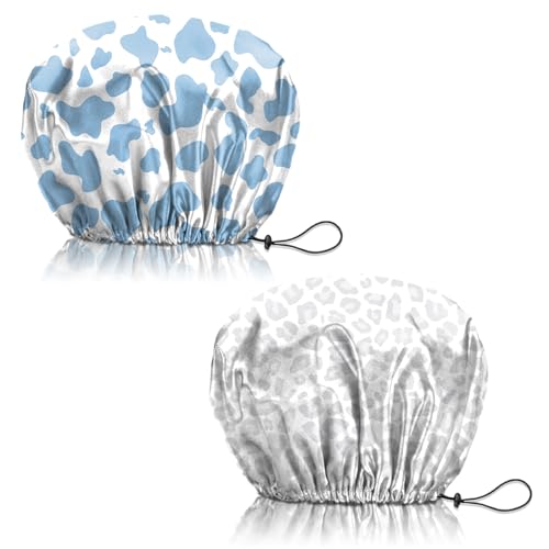 2 PCS Shower Cap Reusable Waterproof Adjustable Double Layer Elastic Dry Hair Bathing Caps Aesthetic Cute for Women Girls-Blue Gray - color: H-4-Blue Gray