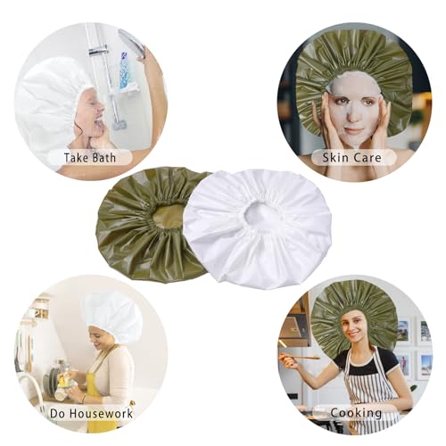 Extra Large Shower Cap 2 PCS Waterproof Shower Caps for Women, Super Jumbo Shower Cap, Reusable Super Large Bath Caps Hair Cap for Long Thick Curly Hair, Locs, Twist Braids - Green + White - color: Green + White