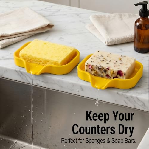 Zulay Kitchen Small Silicone Sponge Holder (4.9x3.3”) – Space-Saving Sink Organizer Tray for Sponge, Soap, Brush & More – Compact Non-Slip Dish for Kitchen & Bathroom (Yellow) - color: Yellow (Small), size: Small (4.9x3.3)