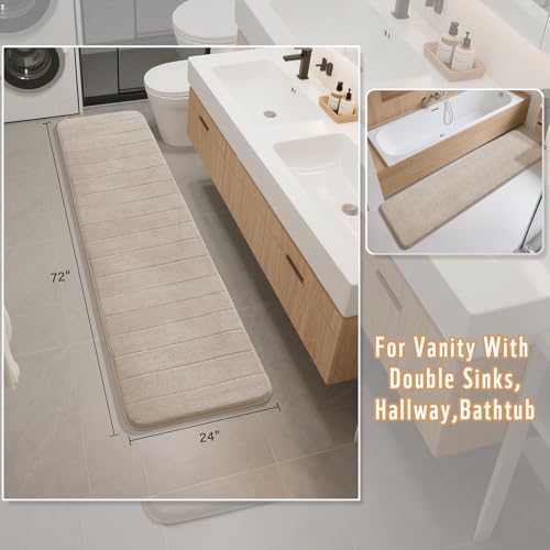 Yimobra Bathroom Runner Rugs 72"x24" Non Slip Washable Memory Foam Bath Mat, Super Soft Water Absorbent Hallway Carpet for Vanity Tub Shower, Beige - color: Beige, size: 72" X 24"