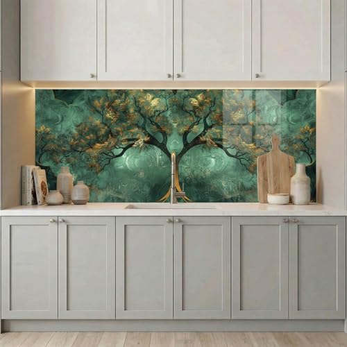 Bold Grup Tempered Glass Kitchen Backsplash, Stove Back Cover, Range Protector, Splash Guard for Sink, Emerald Tree of Life Wall Art Decor, Cutting Board - size: 25.5''W x 17.7''H