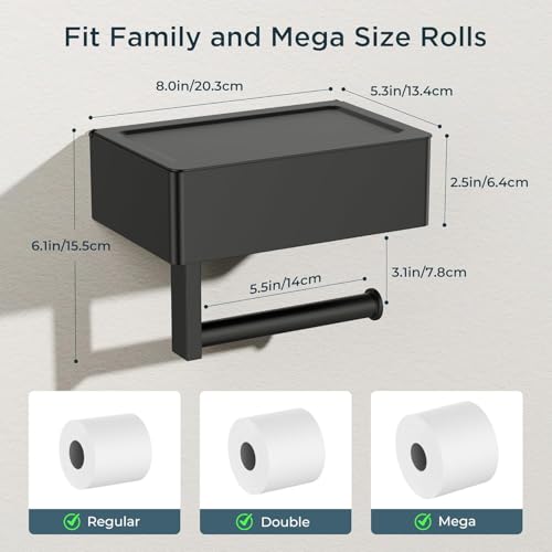 FORIOUS Toilet Paper Holder with Shelf, Sanitary Napkin Receptacle Tampon Holder, Wall Mount Toilet Paper Holder with Storage, Flushable Wipes Dispenser Fits for Bathroom Commercial(2, Matte Black) - color: Matte Black, size: 2 Pack-8" (L)