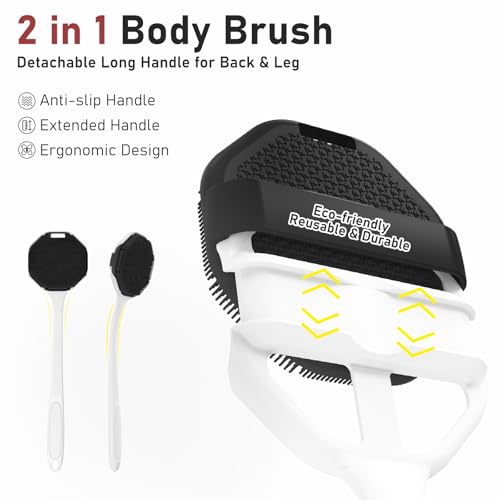 Back Scrubber for Shower for Men 2 Pack, Silicone Body Scrubber with Long Handle, Detachable Body Wash Scrubber Shower Scrub Brush -Lathering Bristles Deep Clean Exfoliator Women Mens Black+Grey - color: Black+grey
