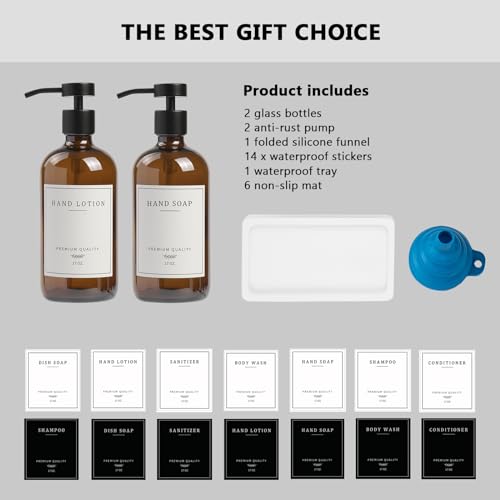 Amber Glass Soap Dispenser - Dish Hand Soap Dispenser for Kitchen, Bathroom Soap Lotion Dispenser with Pump, Refillable Liquid Soap Pump Dispenser Set with Tray, Amber Bottle/Black Pump-pd - color: Amber Bottle/Black Pump + Tray