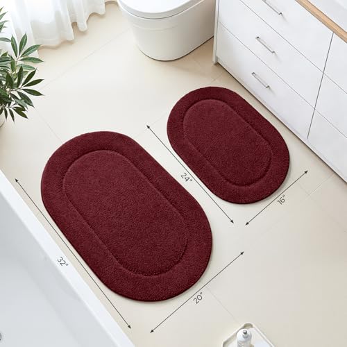 HOMEIDEAS Burgundy Red Bathroom Rugs Sets,2 Piece Soft Bathroom Mats and Absorbent Microfiber Machine Washable Bath Mats for Shower Room, Bathtub, Kitchen (20" x 32" + 16" x 24") - color: Burgundy Red