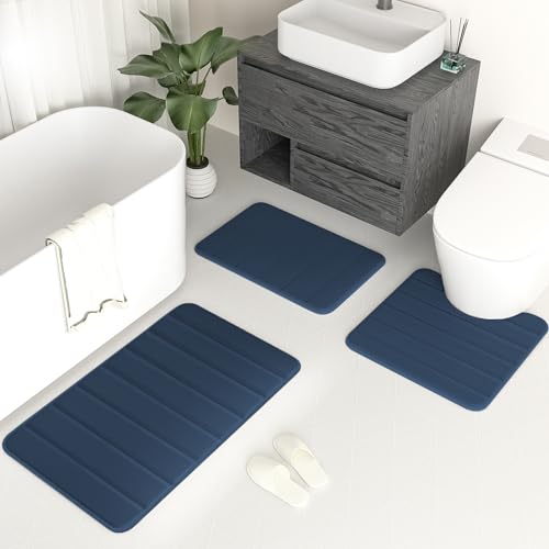 Bathroom Rugs Set 3 Piece Memory Foam Bathroom Mat Set Non-Slip Extra Absorbent Shaggy Soft Bath Mat,Machine Washable Bathroom Carpets for Bedroom,Haze Blue - color: Haze Blue
