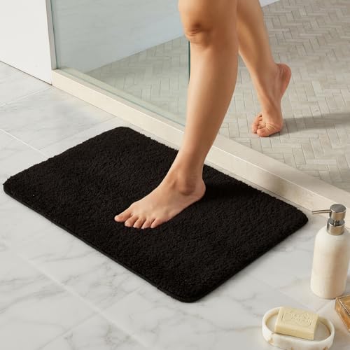 TYUU Black Bathroom Rug, Ultra Soft Bath Rugs Non Slip Washable, Super Absorbent Quick Dry Small Bath Mat with Rubber Backing for Bathroom Floor, Shower, or Sink, Black 16" x 24" - color: Black, size: 16" x 24"