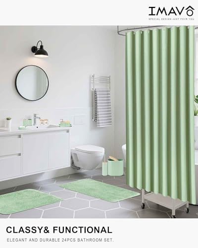 IMAVO Green Bathroom Set,26Pcs Bathroom Accessories Set with Waffle Shower Curtain,Rugs,Trash Can,Tray,Soap Dispenser,Soap Dish,Toothbrush Holder,Toothbrush Cup,Toilet Brush Holder and Qtip Holders - color: Green, size: 26 PCS Bathroom Set+Waffle Shower C