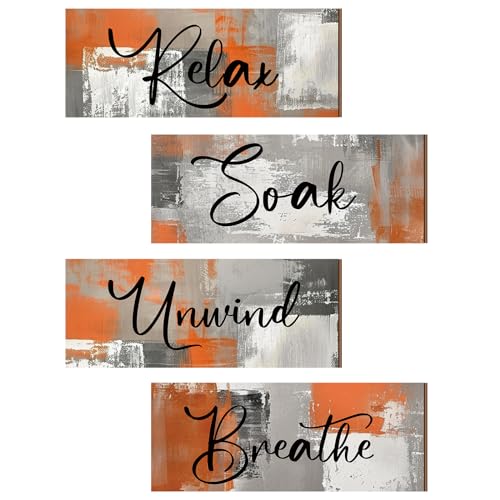 Maitys 4 Pcs Orange Bathroom Wall Decor 10 x 4 Inch Fall Bathroom Wall Art Contemporary Wood Restroom Picture for Thanksgiving Day Soak Unwind Relax Hanging Sign Spa Rustic Vintage Farmhouse Pediment - color: Orange