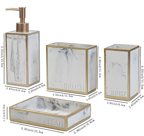Hymmah Bathroom Accessories Set,Toothbrush Holder,Farmhouse Bathroom Decor,4 Pcs Resin Gift Set Apartment Necessities, Contain Toothbrush Cup,Soap Dispenser,Soap Dish,Tumbler - color: White Gold