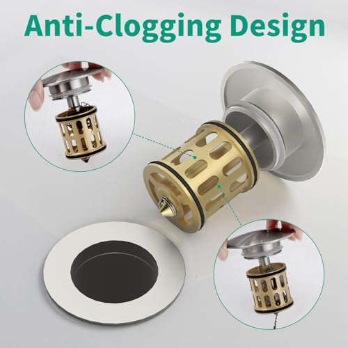 Bathroom Pop up Drain Without Overflow, Anti-Clogging Vessel Sink Drain Strainer, Pop Up Drain with Detachable Basket, Hair Catcher Bathroom Sink Drain Stopper(Brushed Nickel, No Overflow) - color: Brushed Nickel, size: No Overflow