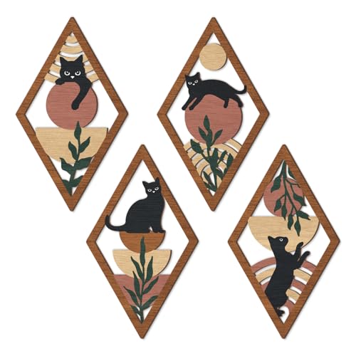 TOARTi 4Pcs Minimalist Boho Black Cat Wall Art Set Geometric Wooden Cat Wall Decor Bohemian Black Cats Hanging Sign Abstract Boho Cats Wood Sign for Bedroom Living Room Farmhouse Aesthetic Geometric Artwork - color: Boho Black Cat Wall Art
