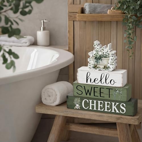 Cinnvoice 4 Pcs Eucalyptus Bathroom Decor Farmhouse Bathroom Decoration Hello Sweet Cheeks Table Centerpiece Gift for Christmas Valentines Back to School - style: Eucalyptus Hello Sweet Cheeks