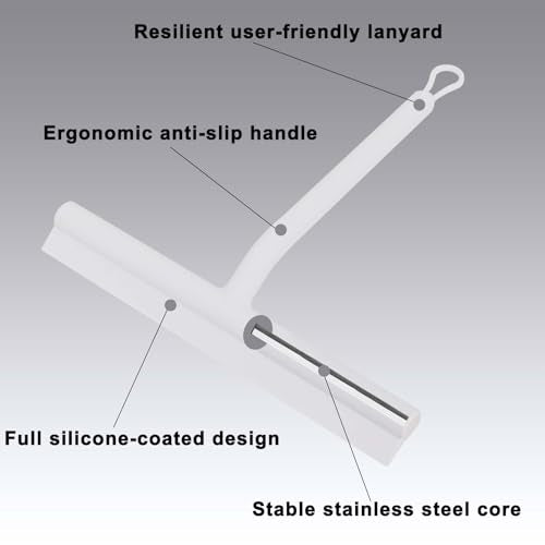 Squeegee for Shower Glass Doors, Resilient Loop - No-Drill & Adhesive Hook, Silicone Shower Squeegee with Stainless Steel Core, Cleaning Tool for Home, Kitchen, Bathroom & Car - White - color: White, size: with loop