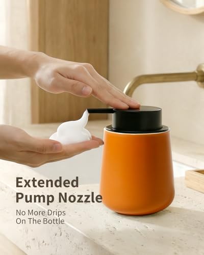 BosilunLife Ceramic Bathroom Accessories Set 3 Pcs, Foaming Soap Dispenser and Toothbrush Holder with Tray, Modern Farmhouse Vanity Decor, Orange Housewarming Gift - color: Orange, style: Foam