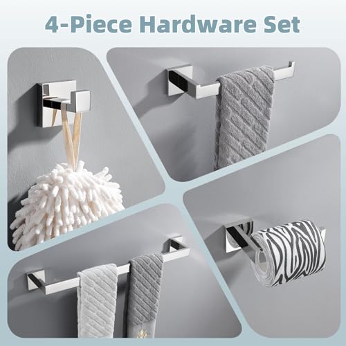 Bathroom Hardware Set 4-Piece, Angle Simple SUS304 Stainless Steel Bath Accessory Kit, Bathroom Fixture Set with Robe Hook, Toilet Paper Holder, Towel Holder and Towel Bar Polished Chrome - color: Polished Chrome
