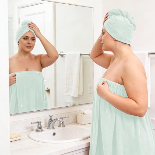 Women’s Plus Size Towel Wrap with Hair Towel (2XL-4XL), Oversized Shower Body Wrap Bathrobe, Soft Quick-Dry Hair Drying Towel for Spa Use Light Green - color: Light Green, size: 2XL-4XL