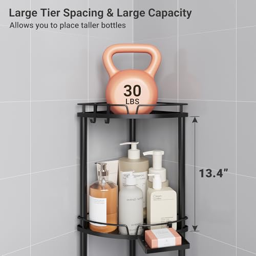 ELYKEN Corner Shower Caddy Standing, 4 Tier Rustproof Metal Shower Organizer with Soap Holder, Floor Shower Corner Shelf Rack Storage Stands with Adjustable Feet & 2 Hooks for Bathroom, Black - color: Black, size: 4 Tier
