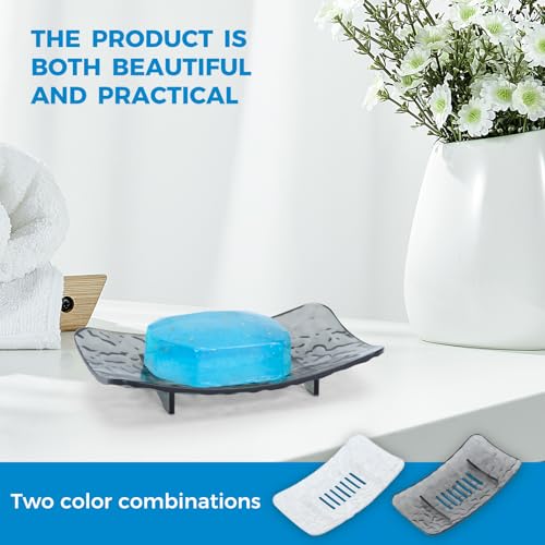 Plastic Soap Dish, Self Draining Set of 2 Black and White - Soap Holder for Shower, Bathroom and Kitchen - Easy to Clean, Stays Dry (5.94" L x 3.54" W x 0.86" H)