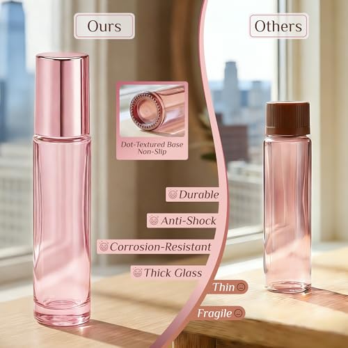 PrettyCare 12 Pack, 10 ml Essential Oil Roller Bottles with Stainless Steel Roller Ball - Refillable Leak-proof Empty Thick Pink Glass Roll on Bottles with Pink Caps for Travel, Perfume - color: Pink with Pink Cap, size: 12 Pack