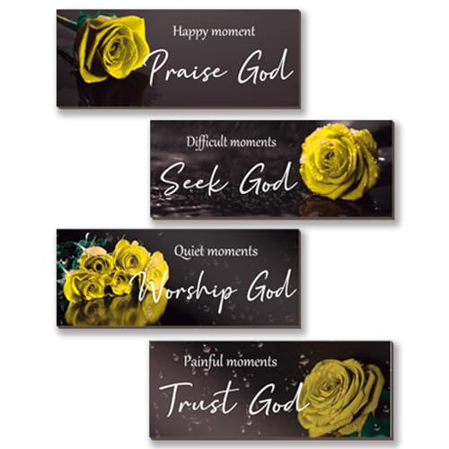 ONIZHITY 4Pcs Yellow Bathroom Decor Yellow Wall Decor Religious Bible Verse Rose Rustic Wooden Christian Sign for Home Bathroom Office Bedroom Living Room Kitchen(10x4") - color: Yellow Rose
