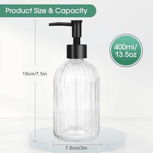 Topsky 2 Pack Glass Soap Dispenser with Black Plastic Pump, 400ml Liquid Hand Soap Dispenser, Rustproof Pump for Kitchen & Bathroom, Great for Lotions, Essential Oil, Liquid Soaps-Clear & Green - color: Stripe-clear&green, size: Plastic Pump