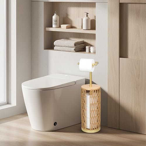Trongee Freestanding Toilet Paper Holder with Storage,3 Rolls of Boho Toilet Paper Holder Stand with Lid,Gold Toilet Tissue Holder Stand Rattan Paper Storage Wicker Toilet Roll Holder Basket - color: U-gold