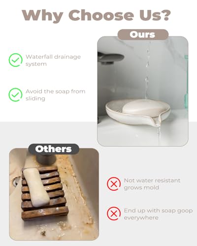 Soap Dish with Drain, Ceramic Soap Holder Self Draining Bar Soap Saver with Waterfall Design for Shower Bathroom Kitchen Sink Bathtub, Beige White - color: Beige White, size: Round