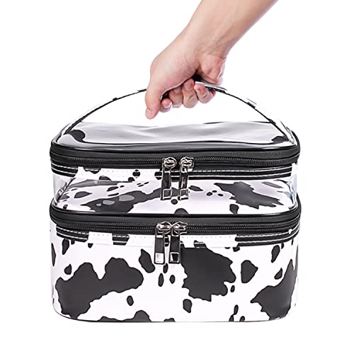 Double-layer Cosmetic Bag Makeup Bag Travel Makeup Bag Makeup Bags for Women Cosmetics Cases Portable Waterproof Foldable (Cow Print) - color: Cow Print