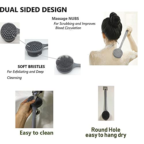 Long Handle Silicone Body Scrubber for Shower, Dual-Sided Back Scrubber Brush with Soft Bristles&Massage Nodes, Exfoliating Bath Brush for Hard to Reach Areas, Easy to Clean & Quick Dry, for Daily Use - color: Gray