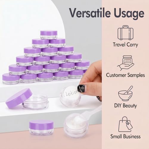 3 Gram Sample Jars with Lids, 25 Count Mini Cosmetic Containers - Makeup Travel Containers with Labels, Tiny Disposable Spatulas - color: Purple