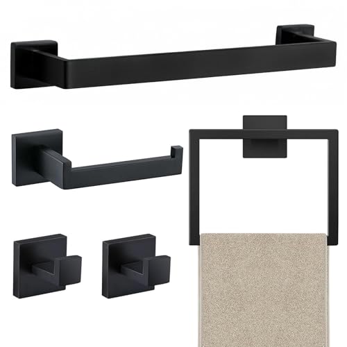 JOPOFI 5 Piece Towel Bar Set - 15.7Inch Bathroom Towel Holder - Matte Black | Stainless Steel Towel Racks for Bathroom Wall Mounted, Towel Rod for Bathroom Wall - color: Matte Black（5 Piece）, size: 15.7 inch