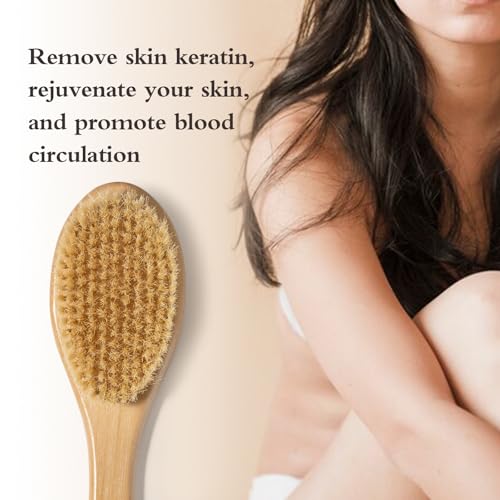Bamboo Long Handle Back Scrubber Brush,Dry Body Scrubber for Dry Skin, Blood Circulation, Cellulite Treatment,Dry Brush Suitable for All Kinds of Skin with Soft and Stiff Bristles