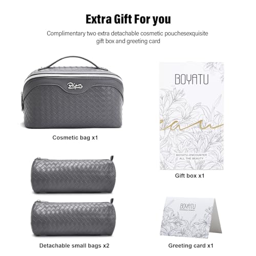 BOYATU Travel Makeup Bag Cosmetic Bags for Women: Large Capacity 3 Pcs Set Make up Bag with Compartments - Waterproof Vegan Leather Toiletry Organizer Bags with Handle (L07Grey) - color: L07Grey