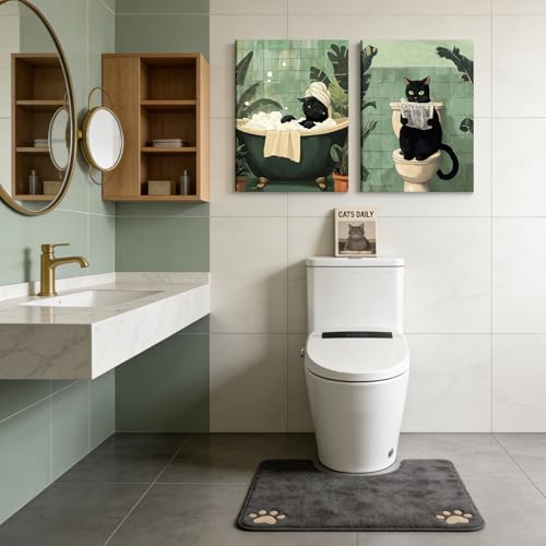 RUMSICH 2-Pcs Fun Black Cat Bathroom Canvas Wall Art Whimsical Animal Bathroom Wall Decor Green Tropical Toilet Bathtub Cat Humorous Artwork Print for Bathroom Toilet and Home Decor 16x24 inch Framed - color: Bathroom Cat, size: 24"L x 16"W