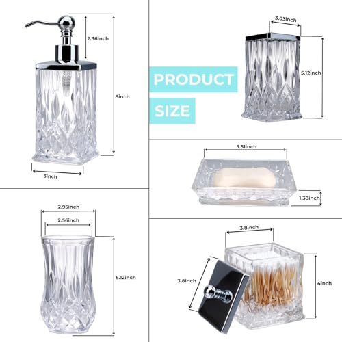 Bathroom Accessories Set,5 Pcs Clear Glass Bathroom Accessory Set,Complete Lotion Soap Dispenser,Toothbrush Holder, Soap Dish,Tumbler & Jar,Modern Bathroom Decor Sets Gift,Square - style: Square(Clear)