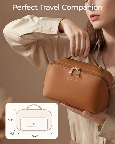 BAGSMART Makeup Bag Travel Cosmetic Bag, Large Make Up Bag Flat Open Toiletry Bag for Women, PU Leather Travel Essentials Organizer Case, Wide-open Pouch Purse for Skincare, Brushes, Coffee Brown - color: 09- Coffee Brown