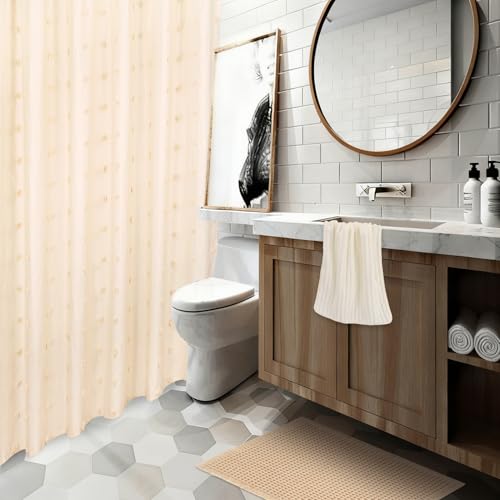 3 Pcs Boho Farmhouse Bathroom Shower Curtain Set with Waffle Bath Mat and Hand Towel Cream 71” x 71” Waterproof Neutral Shower Curtain Non Slip with 12 Hooks for Bathroom and Hotel Tub Decor