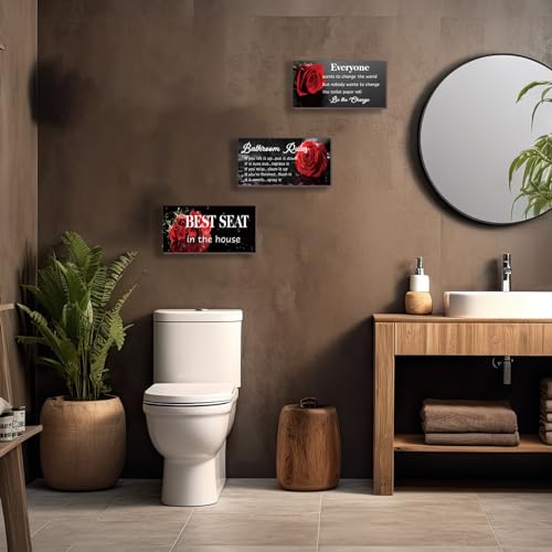 DONFENTHY 3 Pcs Red Bathroom Rules Decor Rustic Farmhouse Wooden Best Seat in The House Rose Hanging Wall Art Toilet Bathroom Accessories(Red 10x5") - color: Red