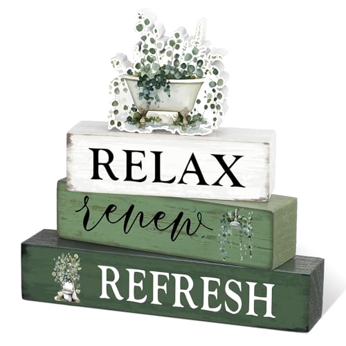 Cinnvoice 4 Pcs Eucalyptus Bathroom Decor Farmhouse Bathroom Decoration Relax Renew Refresh Table Centerpiece Gift for Christmas Valentines Back to School - style: Eucalyptus