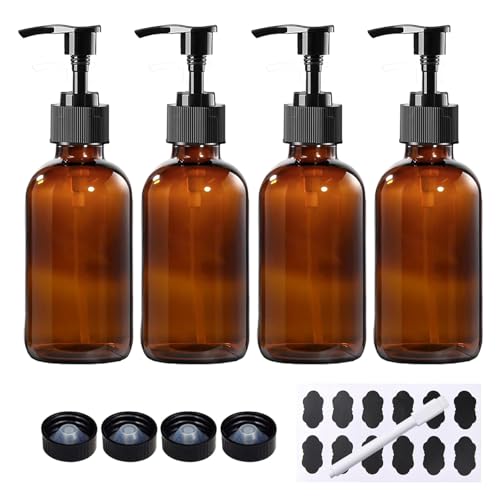 4 Pack 8 oz Amber Glass Pump Bottles, Boston Round Bottles with Pumps for Lotion, Soap, Massage Oils, Refillable Containers with Caps - size: 8 oz Amber 4Pack